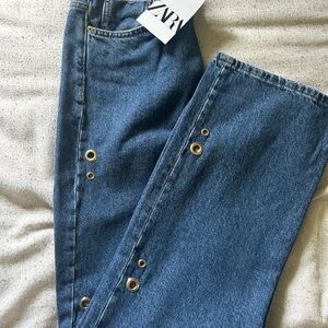 Zara Blue Straight Leg Jeans with Gold Details